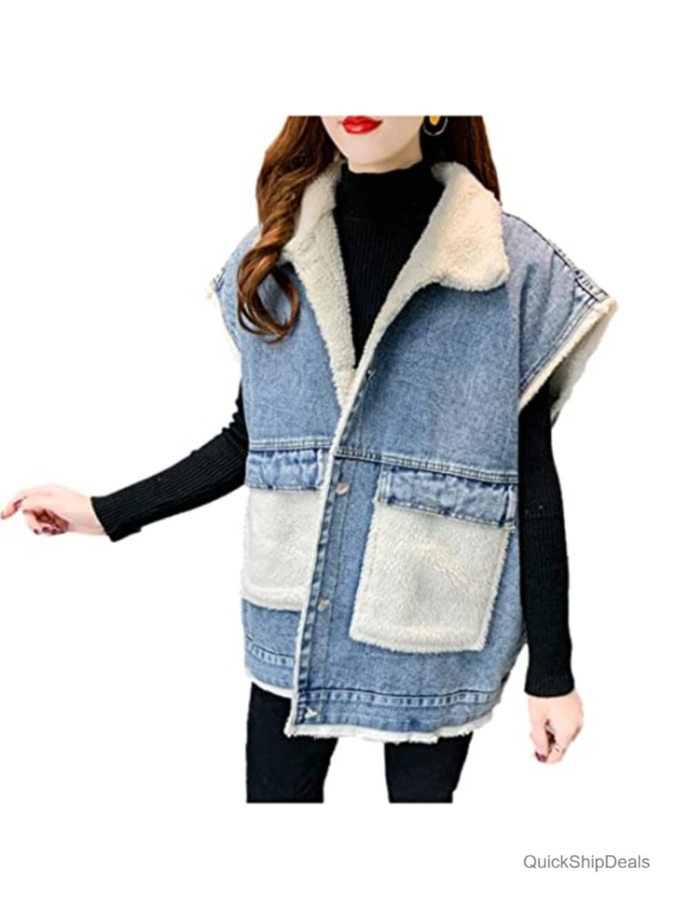Womens Lined Denim Vest Loose Sleeveless Button Down Waistcoat with Pockets